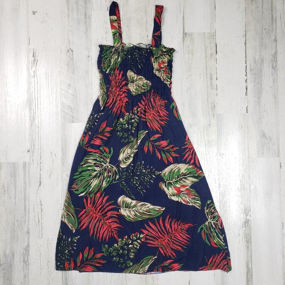 NWT Ace Fashions Navy Blue tropical Smocked Sundress Women’s Size Medium